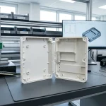 SLS nylon 3D printed electronic enclosure prototype with integrated living hinge on inspection bench - AS Prototypes