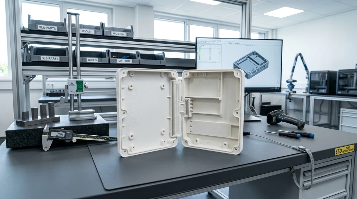 SLS nylon 3D printed electronic enclosure prototype with integrated living hinge on inspection bench - AS Prototypes