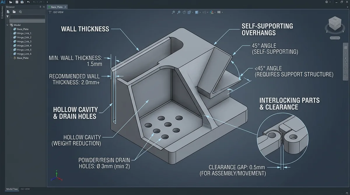 3D Printing DFM Engineering Guidelines Showing Wall Thickness, Drain Holes and Clearances