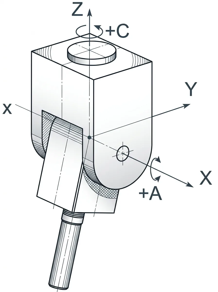 5-Axis CNC Swivel Spindle Kinematics and Rotational Axes Diagram