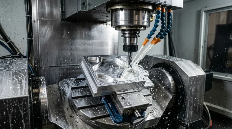 Macro industrial view of 5-axis CNC machining center milling a complex 6061-T6 aluminum aerospace component on a trunnion rotary table