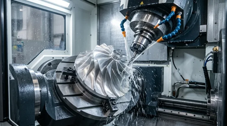 Simultaneous 5-axis CNC milling of automotive turbocharger impeller with flood coolant delivery - AS Prototypes