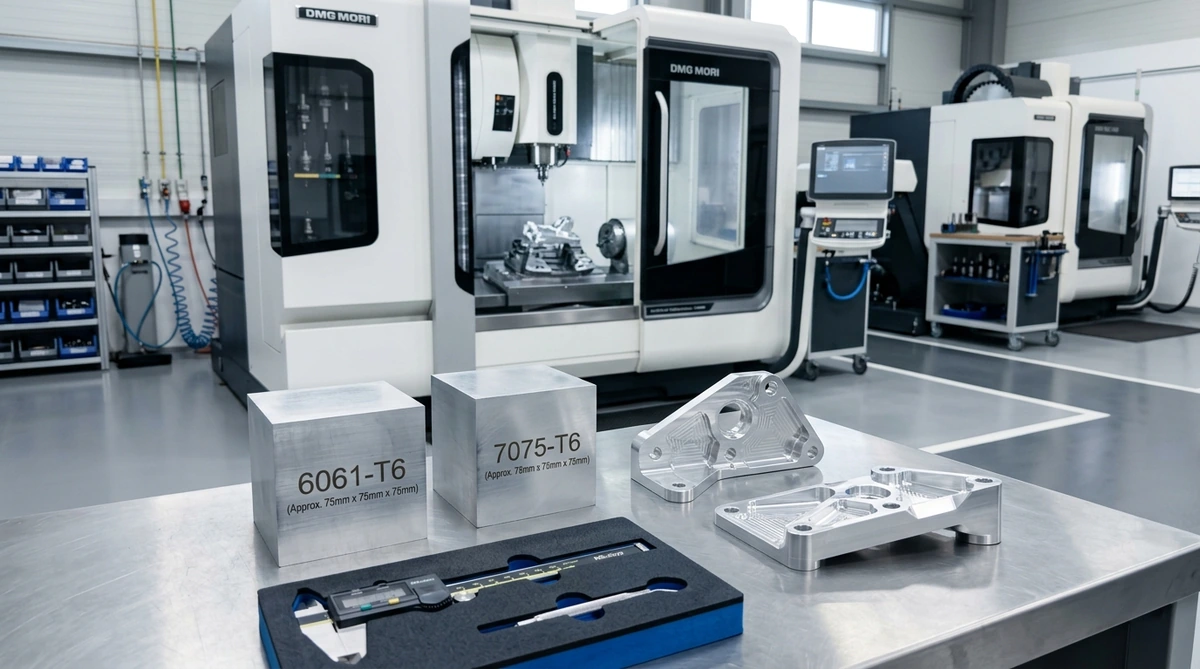 Side-by-side raw 6061-T6 and 7075-T6 aluminum billets with finished CNC machined aerospace brackets - AS Prototypes