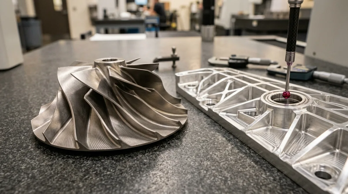 In-house 5-axis CNC machined titanium impeller blisk and 7075-T651 structural bulkhead on granite plate with Zeiss CMM inspection probe - AS Prototypes