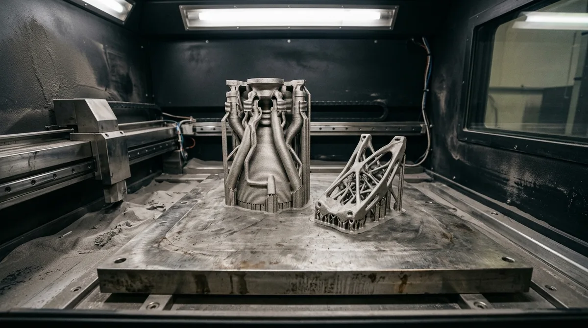 Direct Metal Laser Sintering DMLS 3D printing of Inconel 718 rocket injector nozzle and topology bracket on build plate - AS Prototypes