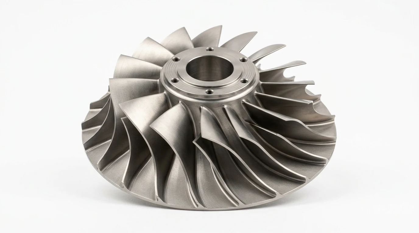 5-Axis CNC Machined Titanium Turbine Blisk Impeller on Pure White Background