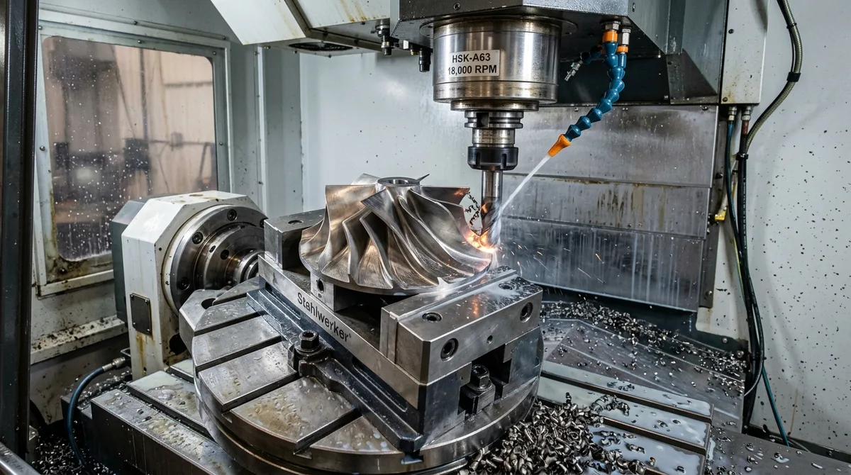 Simultaneous 5-axis CNC milling of monolithic titanium impeller blisk in precision vise with high-pressure coolant mist - AS Prototypes