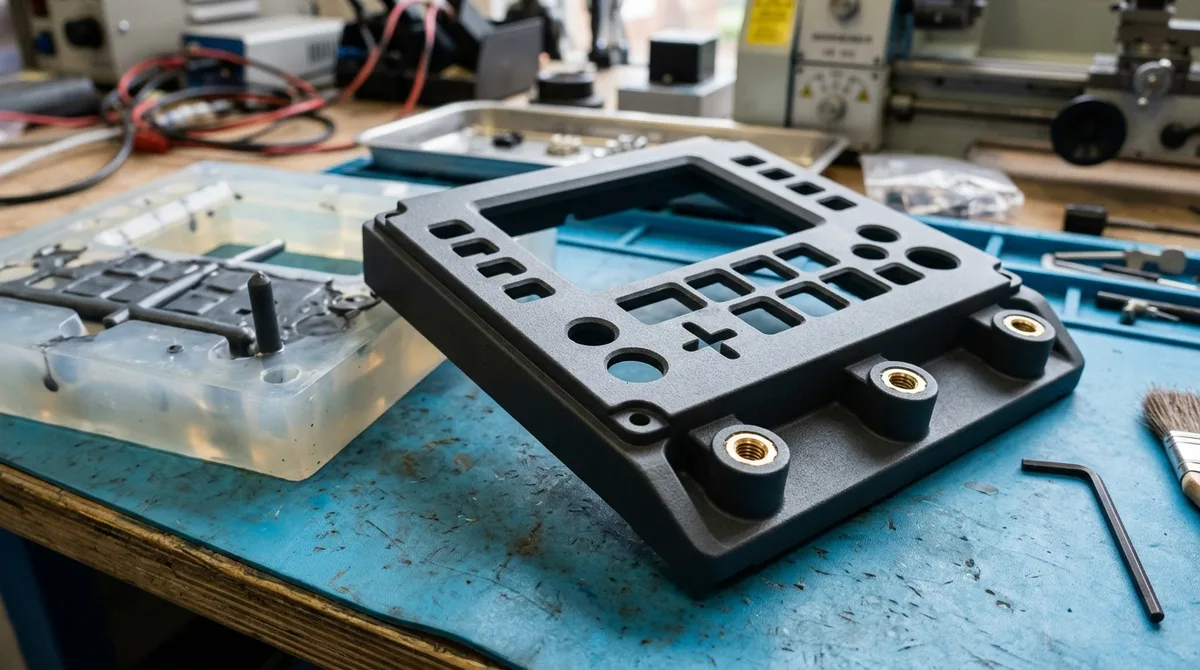 Polyurethane vacuum casting silicone mold and freshly cast flame-retardant cockpit instrument bezel with brass inserts - AS Prototypes
