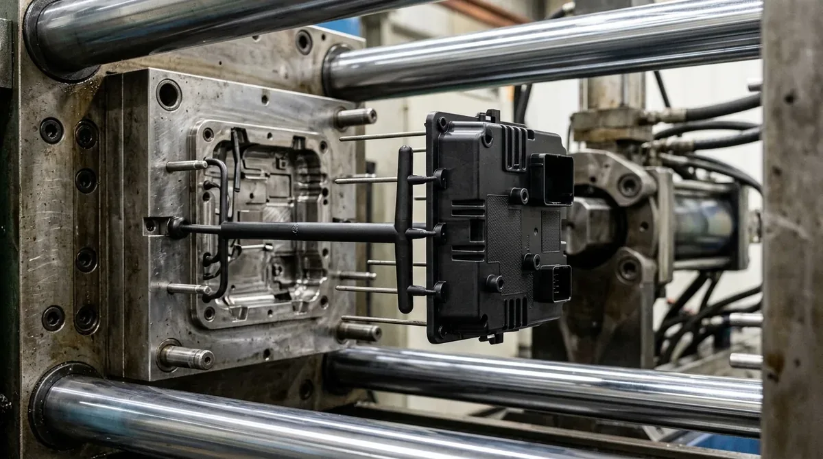Precision injection mold core and ejector pins demolding flight-grade thermoplastic housing component on injection molding press - AS Prototypes