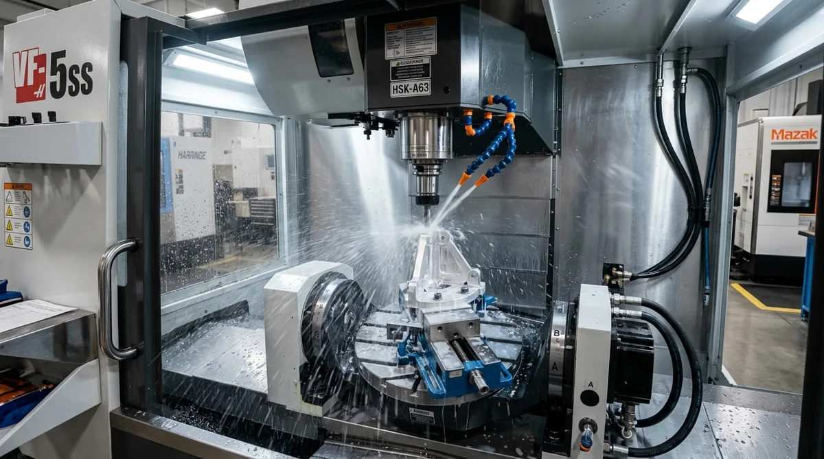 High-Precision 5-Axis Vertical CNC Machining Center with Rotary Trunnion Table Milling Aluminum Bracket with Flood Coolant
