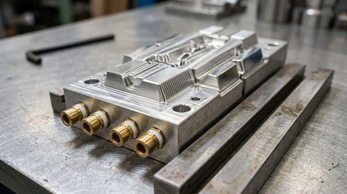 CNC machined 7075-T651 aluminum rapid tooling mold core insert with waterline ports and stepped parting surfaces