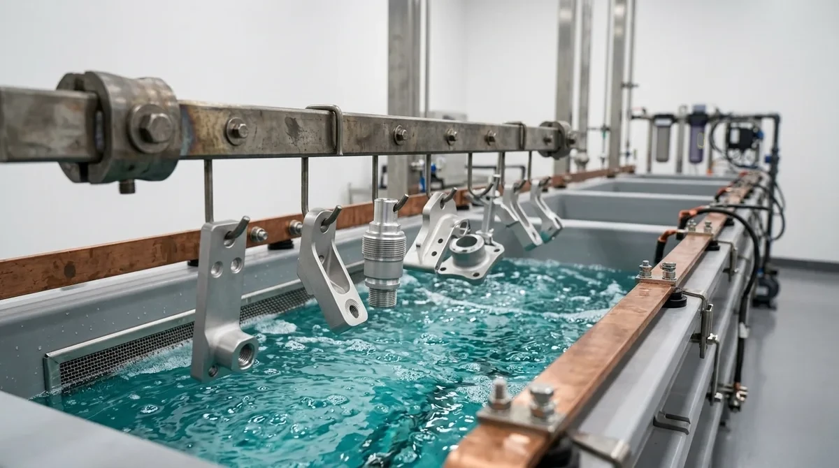 Precision CNC machined aluminum parts racked on titanium fixtures immersed in an electrolytic sulfuric acid anodizing tank