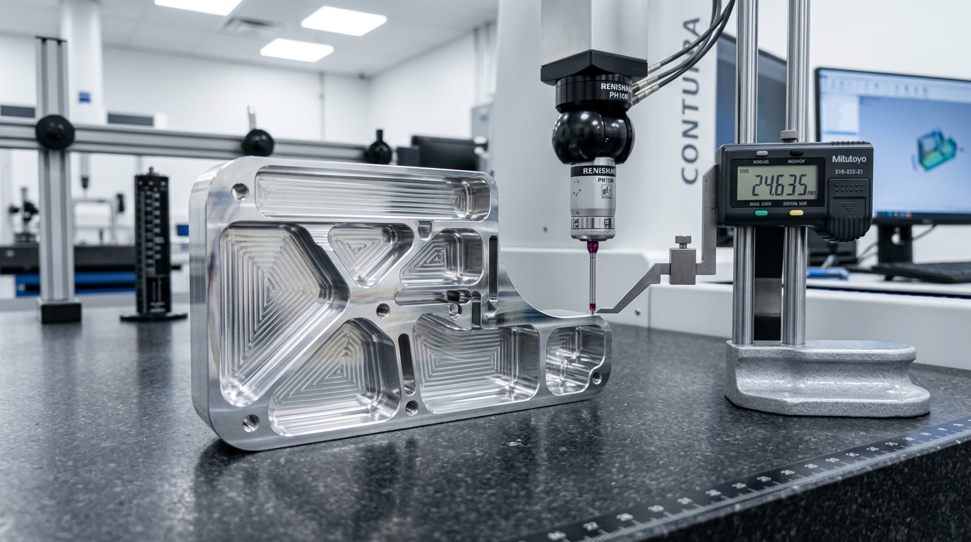 Precision CNC milled aluminum aerospace structural bracket undergoing CMM touch probe inspection on granite plate