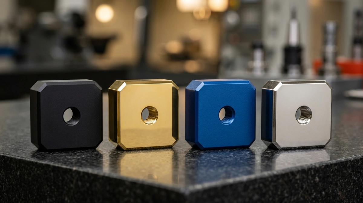 Precision CNC machined aluminum components comparing hardcoat anodizing, gold PVD coating, powder coating, and electroless nickel finishes