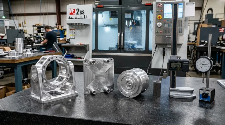 Precision aluminum prototype fabrication showing CNC milled robotics gimbal frame and cold plate on granite table - AS Prototypes