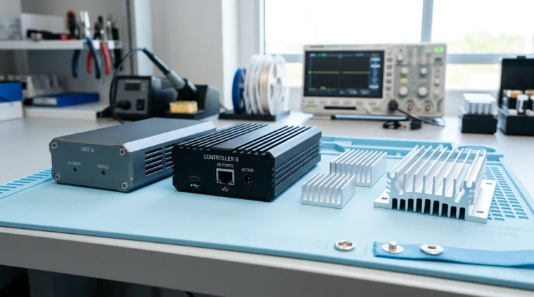 Precision CNC machined and black anodized aluminum electronic enclosure chassis and finned heatsinks