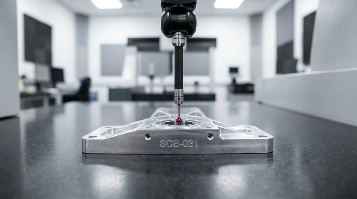 Automated 3D coordinate measuring machine CMM tactile ruby ball probe inspecting free-standing aluminum prototype bracket on bare black granite surface plate
