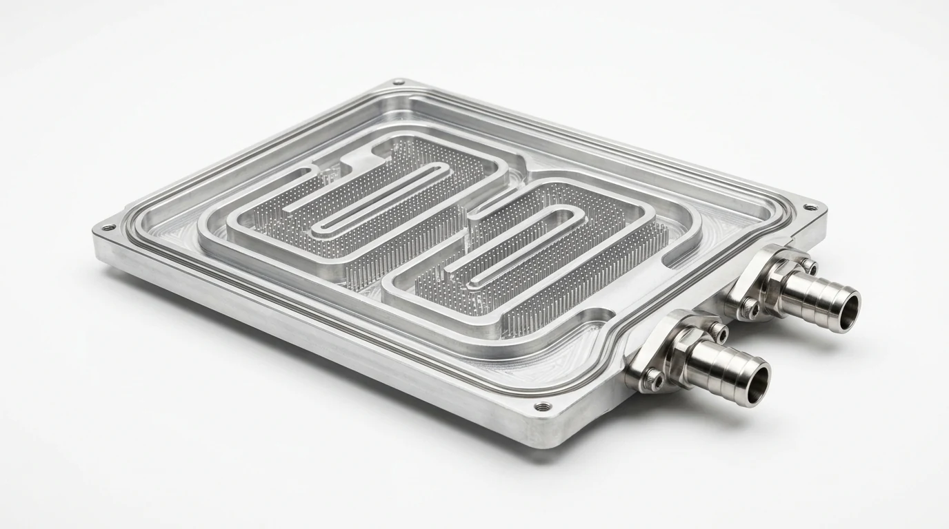 CNC Machined Aluminum EV Liquid Cold Plate on Pure White Background