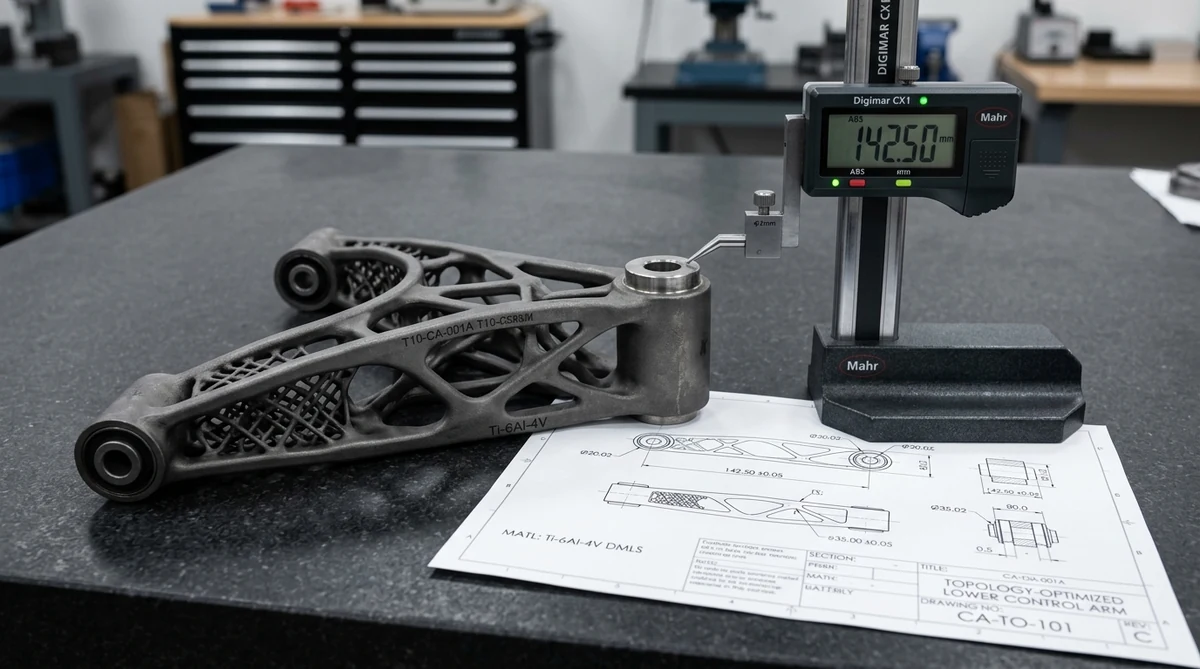 Topology-optimized DMLS titanium suspension control arm with bionic lattice on CAD blueprint