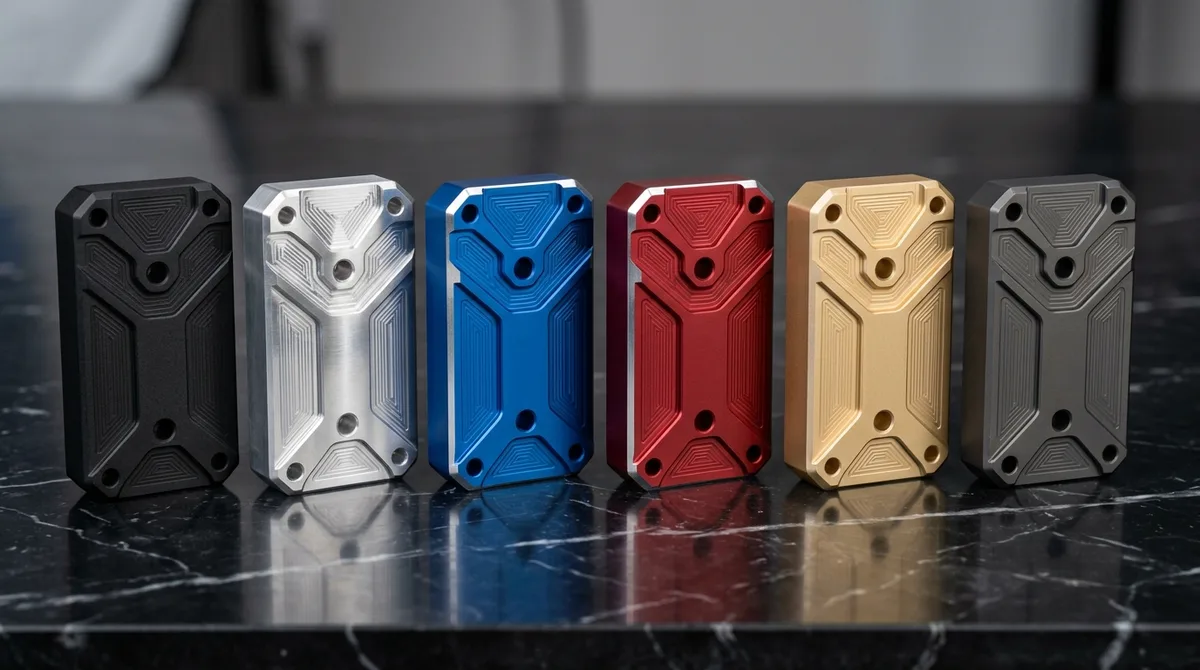 Row of precision CNC machined billet aluminum covers demonstrating Type II and Type III hardcoat anodized color options with secondary contrast cut silver chamfers