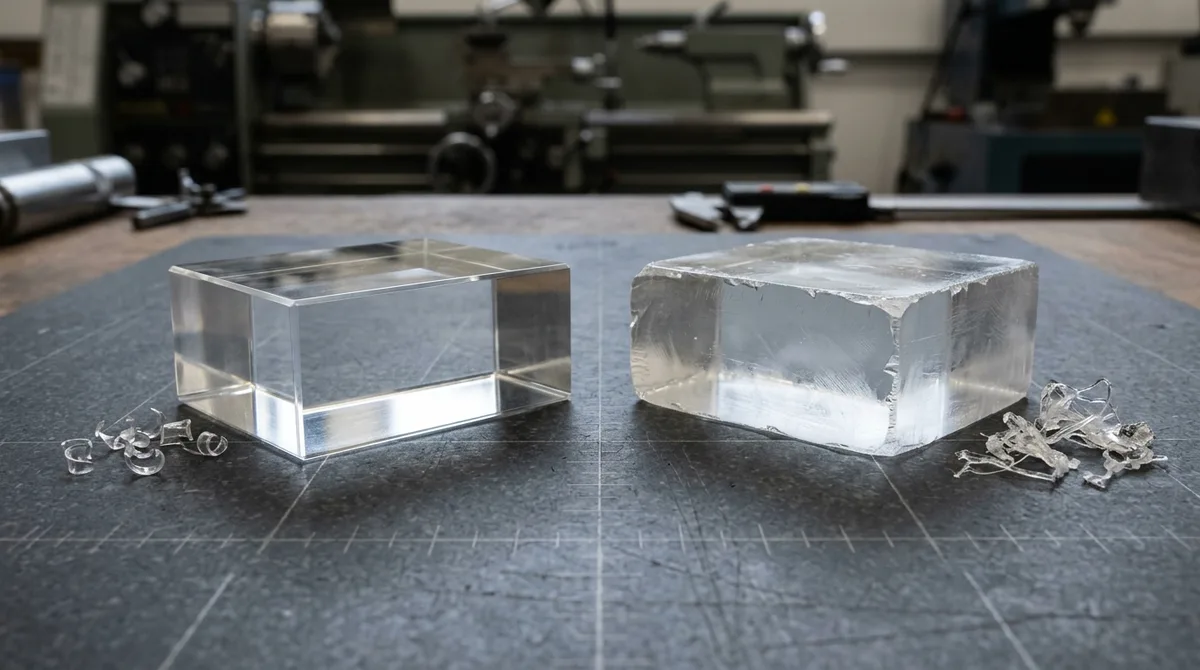 Side-by-side comparison of precision milled cell-cast acrylic with clean edges versus extruded acrylic with stress crazing and gummy swarf