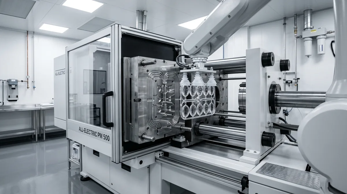 All-electric precision injection molding machine in cleanroom cell with automated servo robotic arm demolding multi-cavity clear PMMA optical lens runner tree