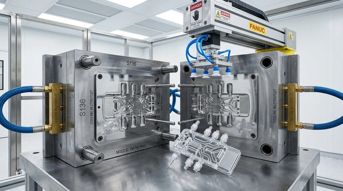 ISO Class 7 Cleanroom S136 Mirror-Polished Tooling Demolding Medical Ventilator Manifold with Robotic Arm - AS Prototypes