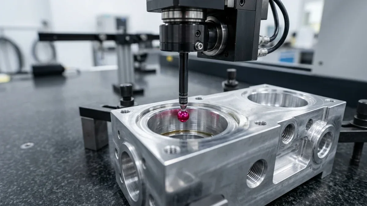 CMM motorized probe inspecting internal bore diameter and roundness of CNC machined housing to verify ISO H7 tolerance limits