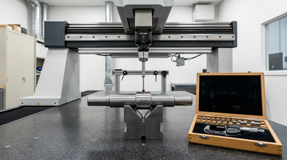 CMM vertical ruby stylus probe verifying outside diameter of precision ground stepped interference shaft resting on 90-degree V-block