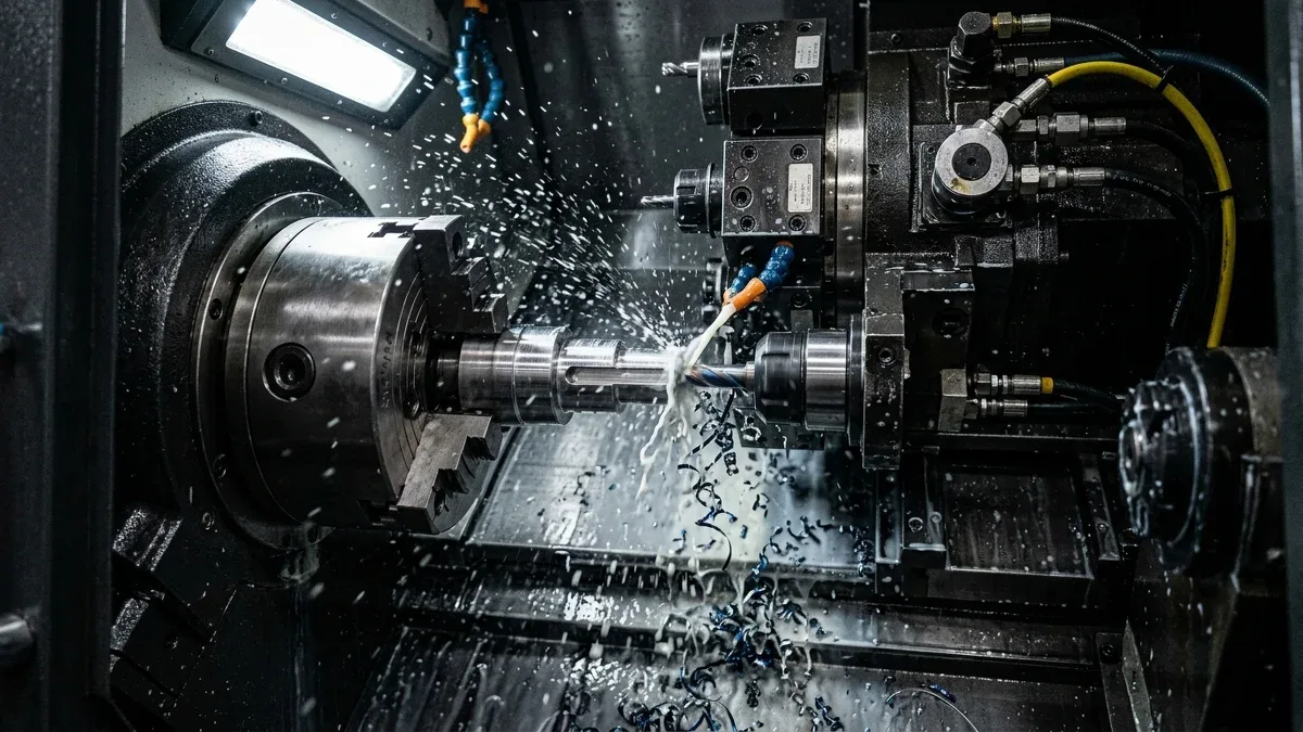 High-precision CNC lathe turning stepped steel interference shaft with high-pressure flood coolant in 3-jaw power chuck