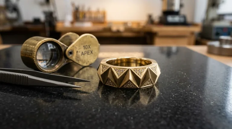 Precision CNC-machined 18K yellow gold bespoke ring prototype lying flat on black granite inspection plate with optical loupe
