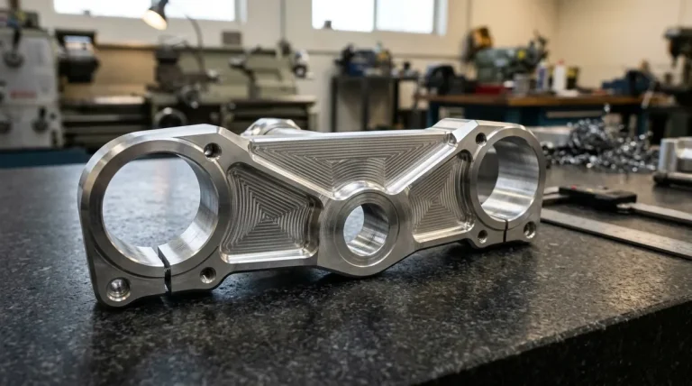Precision 5-axis CNC machined 7075-T6 billet aluminum motorcycle top triple clamp with precision bored fork clamps lying flat on granite surface plate
