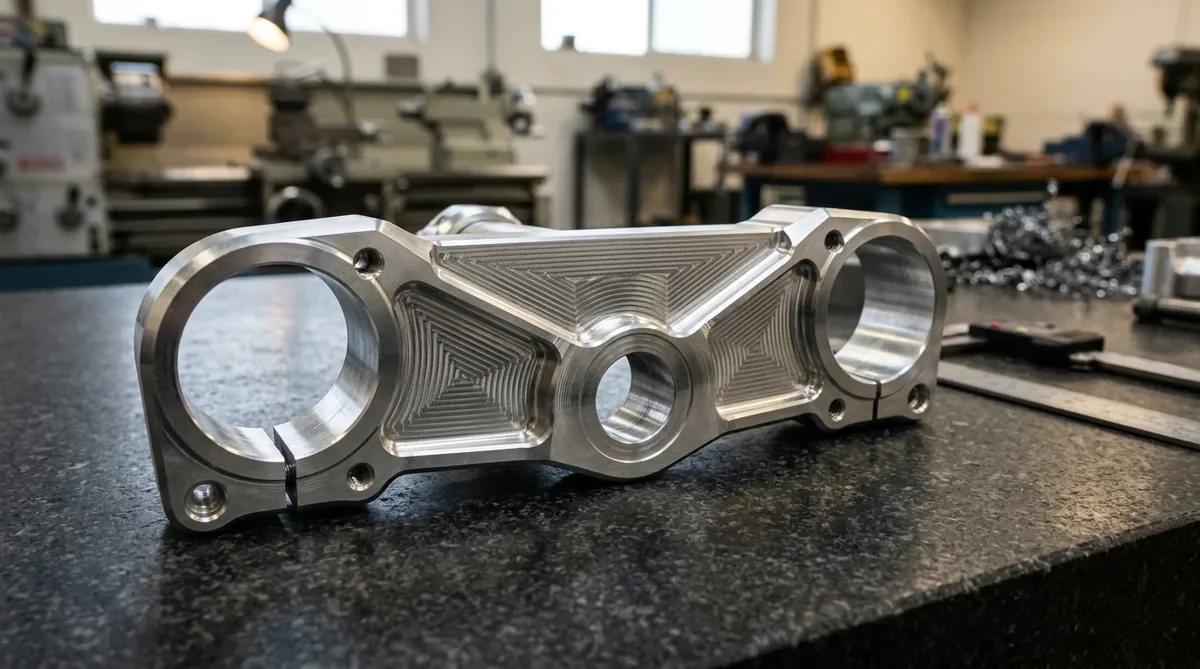 Precision 5-axis CNC machined 7075-T6 billet aluminum motorcycle top triple clamp with precision bored fork clamps lying flat on granite surface plate