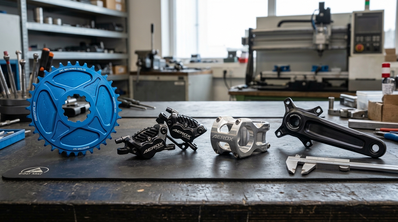 Array of Precision CNC Machined Aluminum Bicycle Prototype Components - AS Prototypes