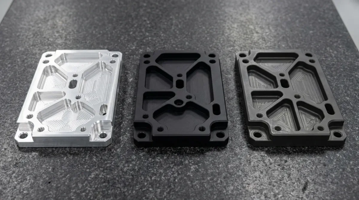 Comparative surface finishing standards showing precision CNC prototype structural plates in as-machined, Type II black anodized, and Type III hardcoat anodized finishes