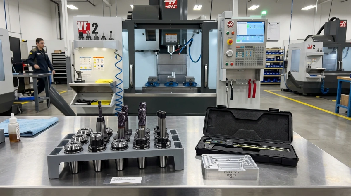Modern CNC milling workshop staging workbench with precision carbide end mills collet chucks and test billet - AS Prototypes