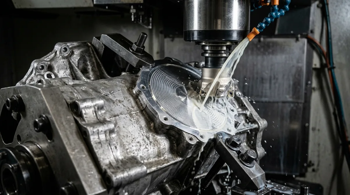Precision 4-axis CNC horizontal mill machining bearing bores on cast aluminum housing
