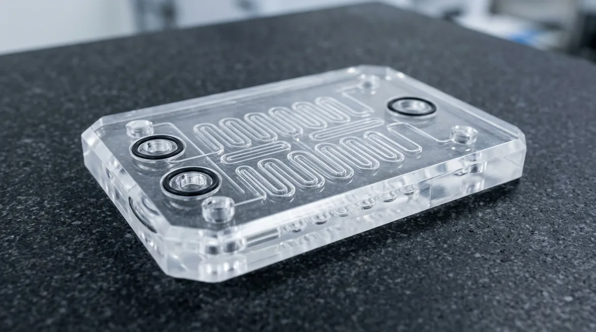 Precision CNC micro-milled optical PMMA microfluidic manifold chip with serpentine micro-channels and O-ring ports