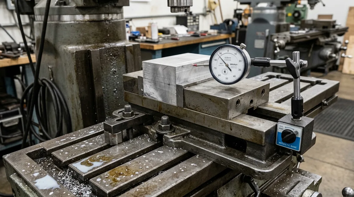 Precision CNC Milling Setup with Modular Vise Clamping Aluminum Billet on T-Slot Table - AS Prototypes