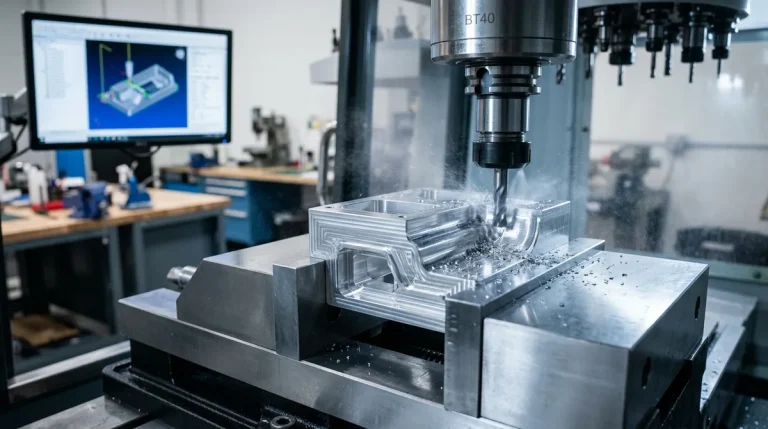 Precision CNC Milling Setup with In-Process Machining and Engineering CAM Simulation Display