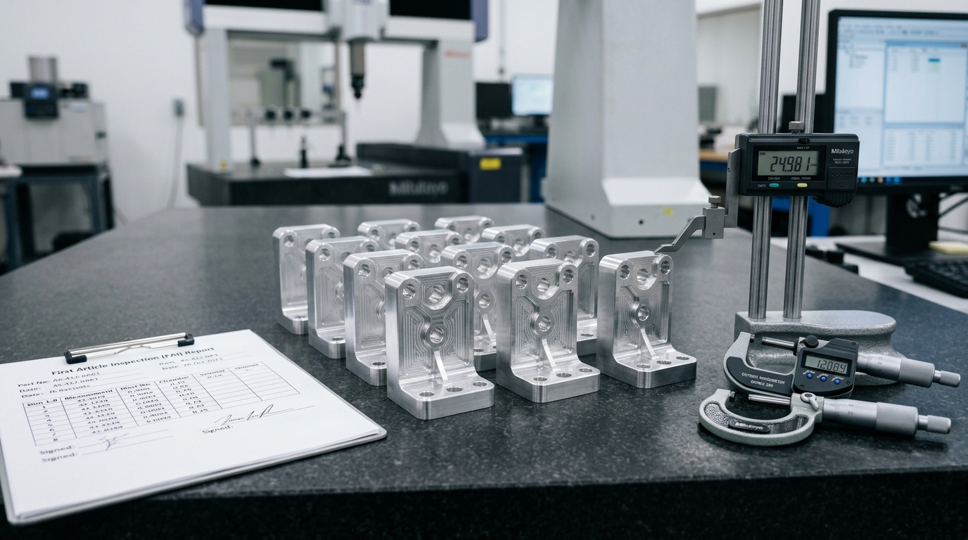 Pilot Batch of CNC Machined Aluminum Brackets on Granite Inspection Plate - AS Prototypes