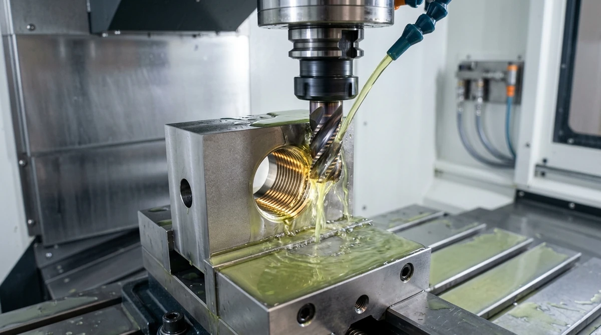 Solid carbide thread mill cutter creating precision internal threads with cutting fluid