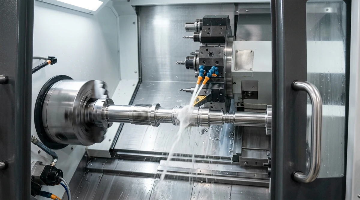 High precision CNC turning center machining 316L stainless steel with high-pressure coolant blast