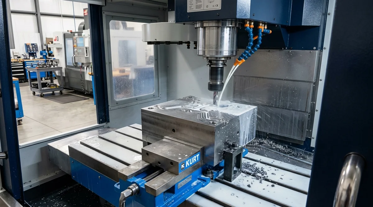 Rigid CNC vertical machining center executing precision finish toolpaths across a pre-hardened mold base assembly
