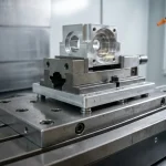 Zero-point clamping receiver and quick-change pallet fixture mounted on CNC machining center table for automated workpiece interchange