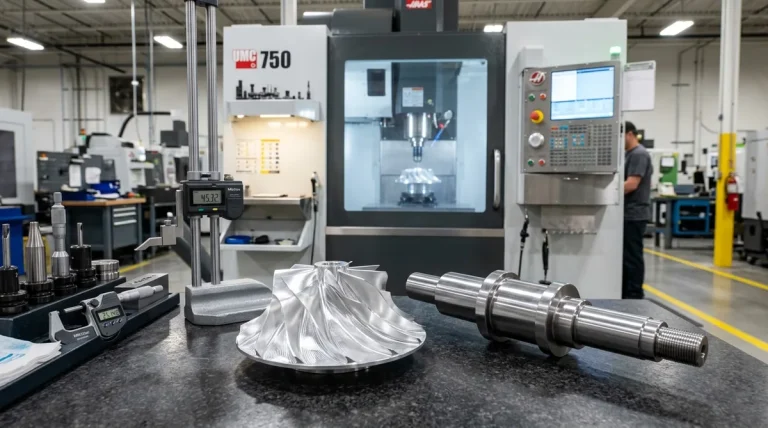 Comparison of 5-axis CNC vertical machining center with milled aluminum impeller and turned shaft on metrology table - AS Prototypes