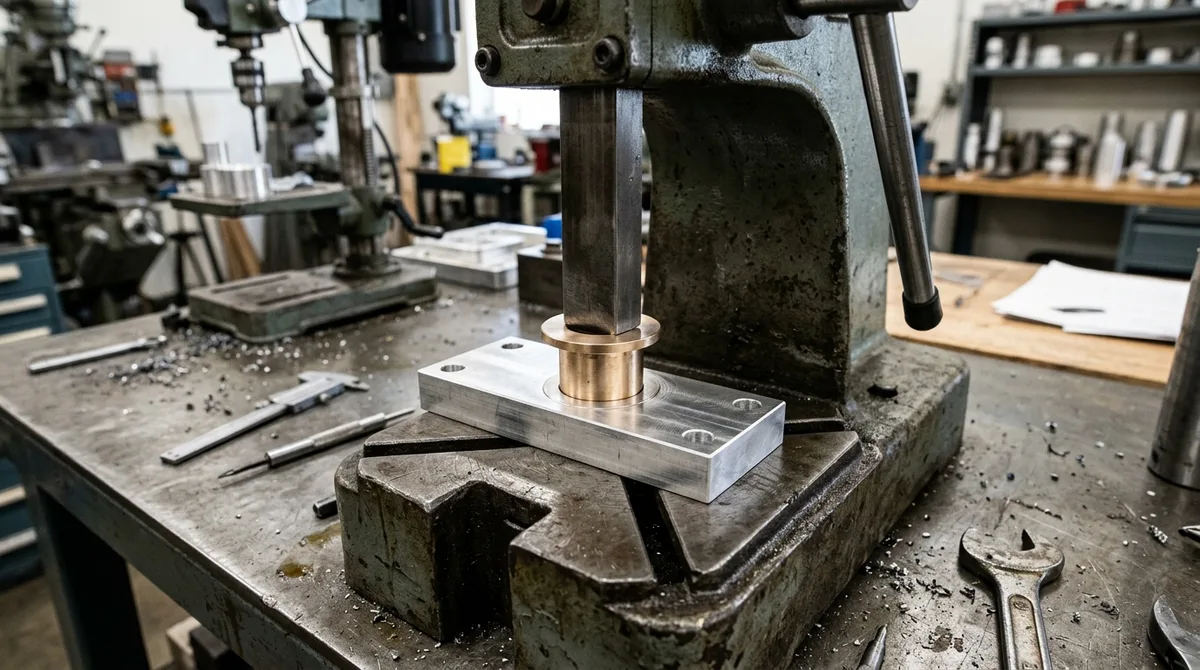 Heavy-duty manual arbor press ram pressing flanged bronze bushing squarely into precision CNC-machined aluminum housing
