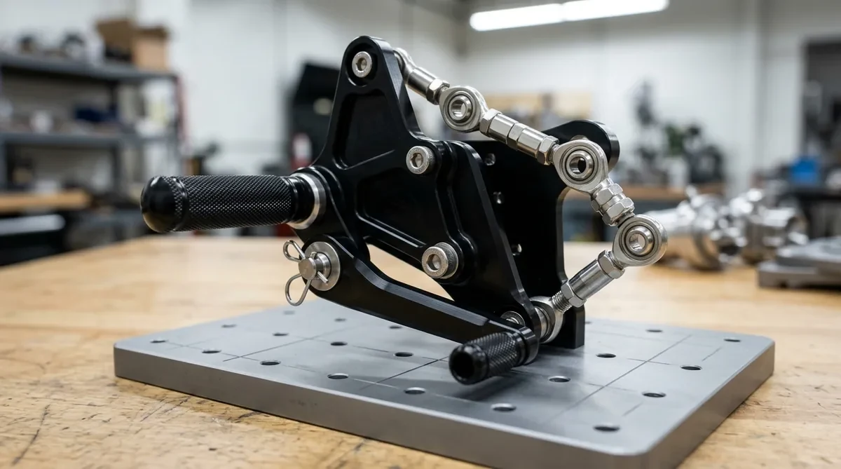 Anodized black billet 6061-T6 aluminum motorcycle rearset assembly with dual spherical rod ends and knurled footpegs on fixture tooling