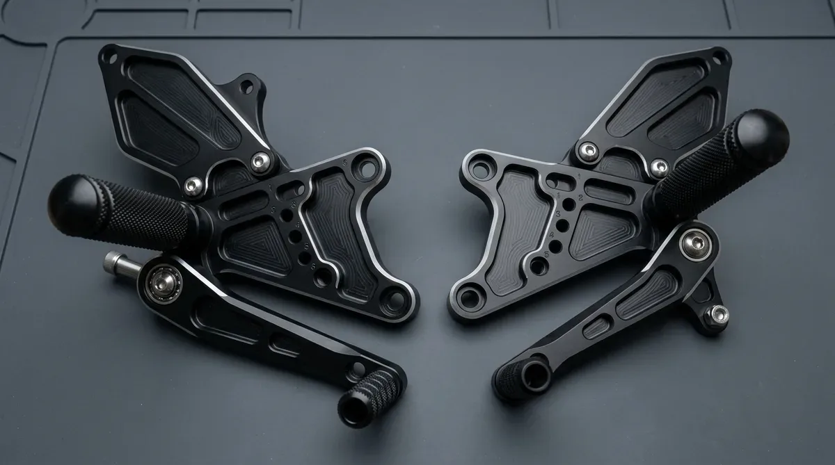 Matched Pair of Custom CNC Machined 6061-T6 Billet Aluminum Motorcycle Rearset Brackets with Knurled Footpegs