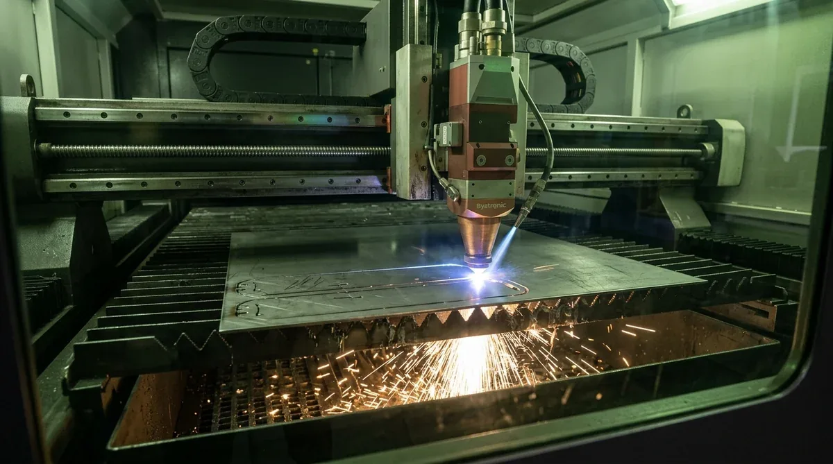 High power fiber laser cutting sheet metal with clean assist gas sparks - AS Prototypes